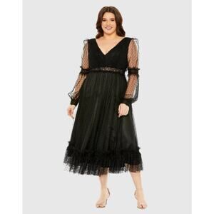 Mac Duggal Dress Plus 14W Swiss Dot Sheer Midi Ruffle Black Cocktail 68567 NWT